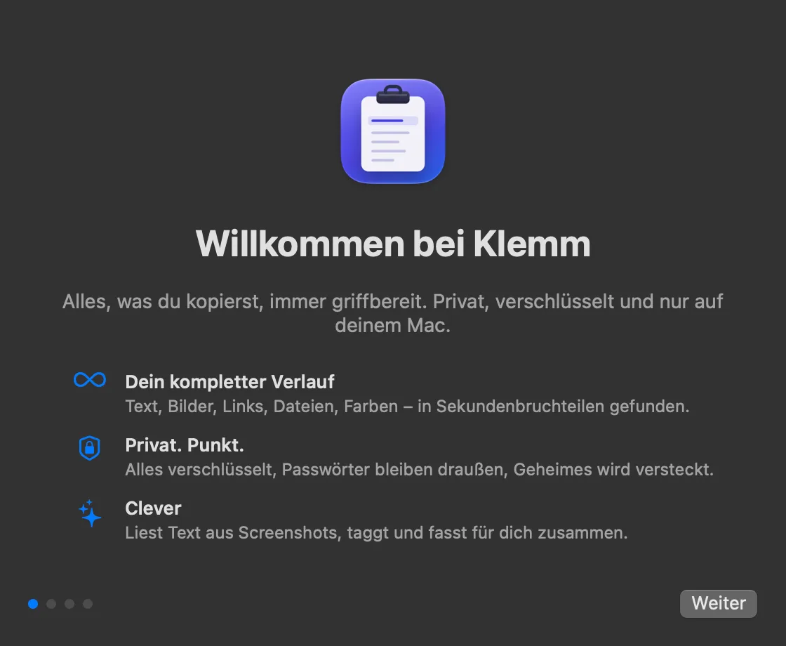 Willkommensfenster von Klemm beim ersten Start.