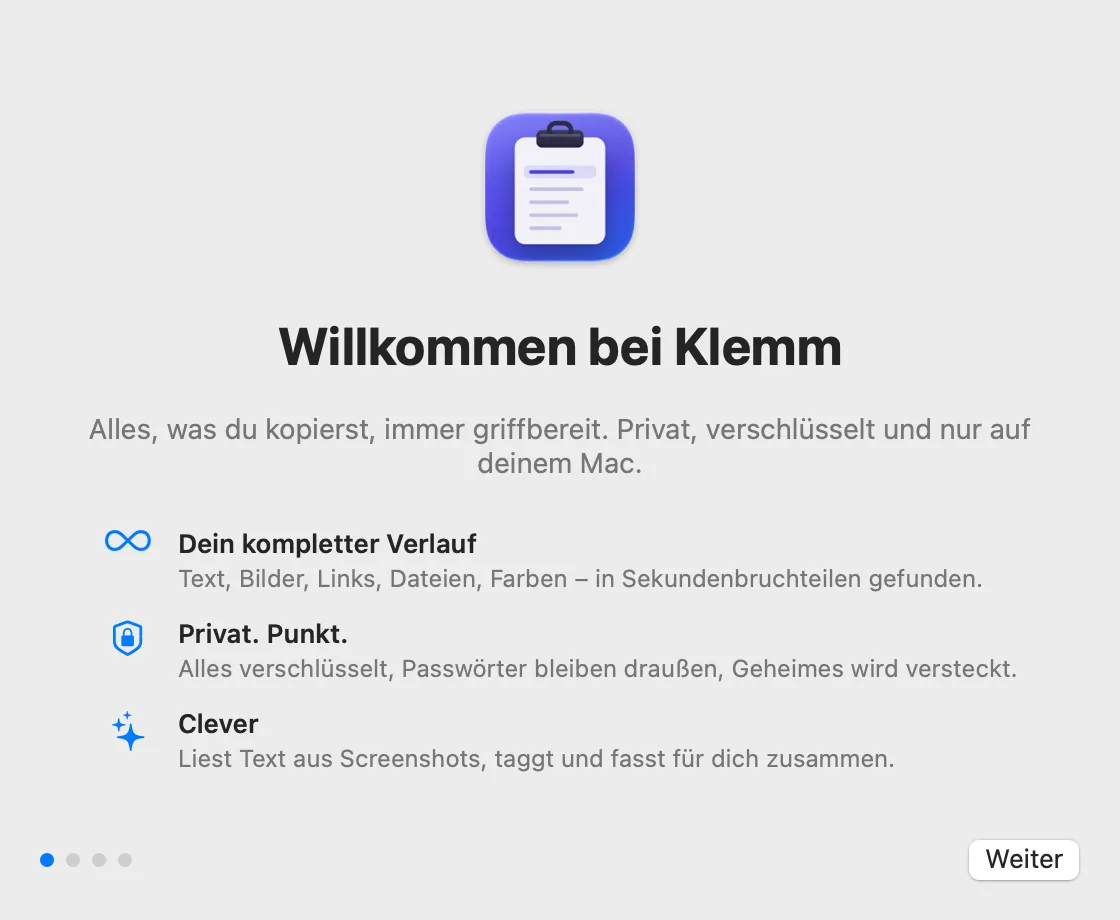 Willkommensfenster von Klemm beim ersten Start.