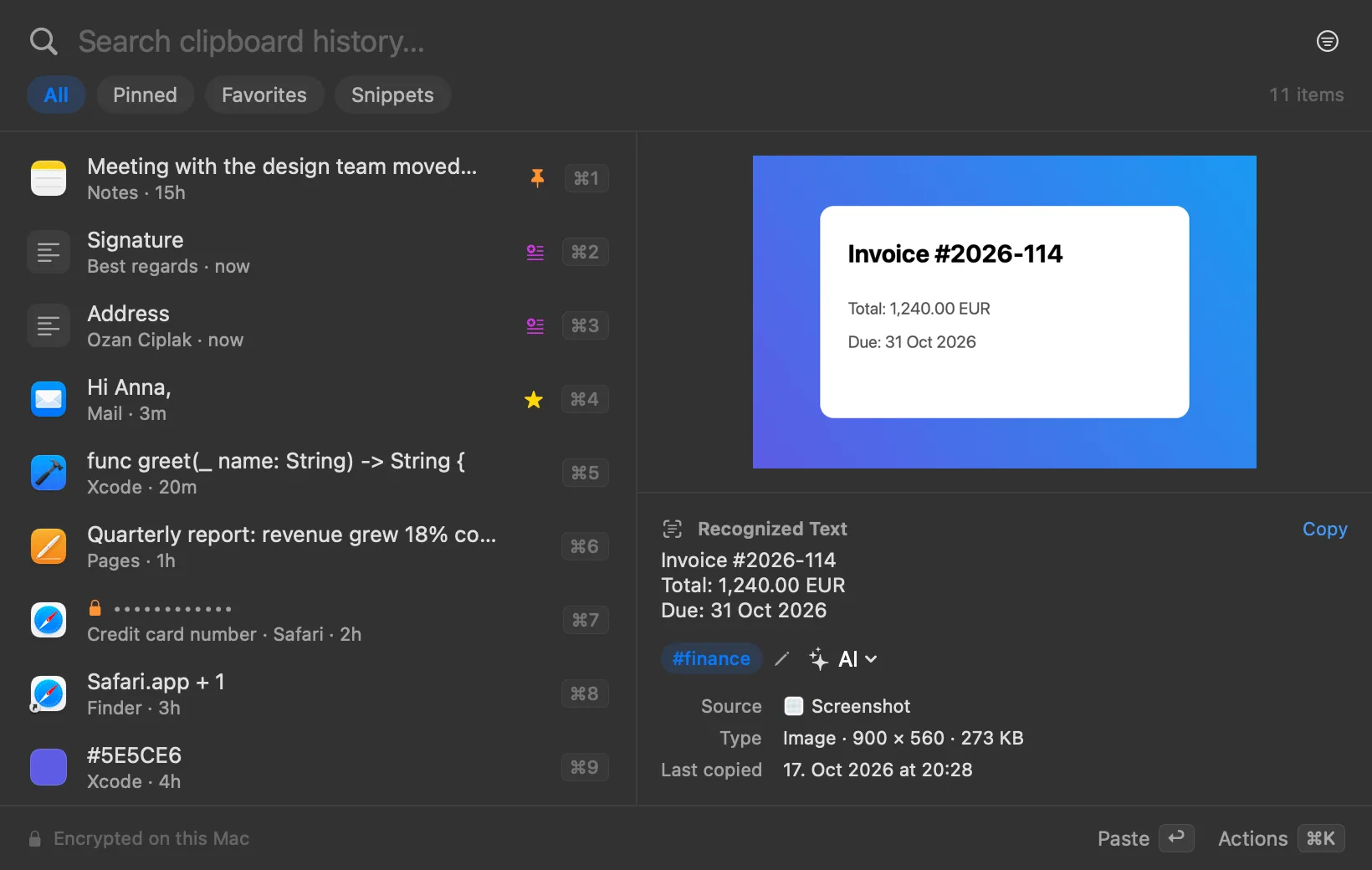 Klemm showing a screenshot of an invoice with its recognized text and the #finance tag.
