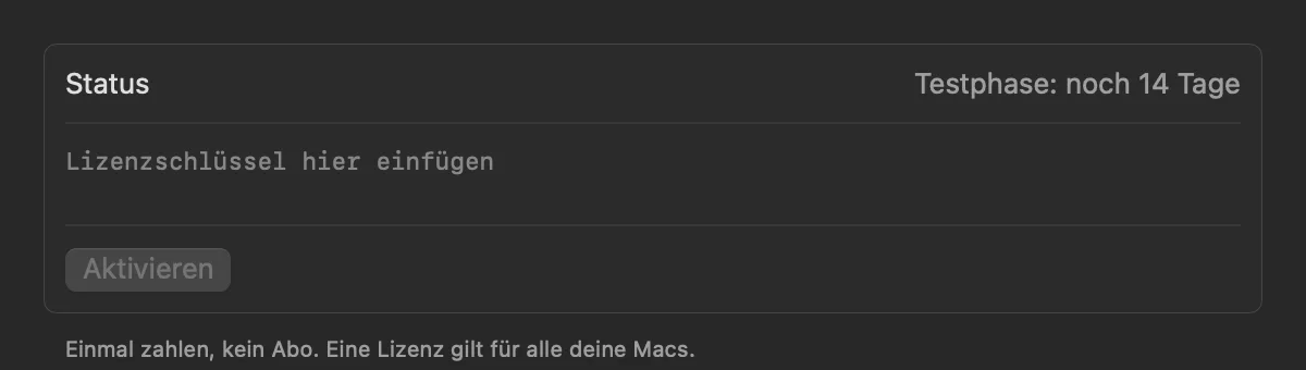 Lizenz-Einstellungen von Klemm mit Feld für den Lizenzschlüssel.